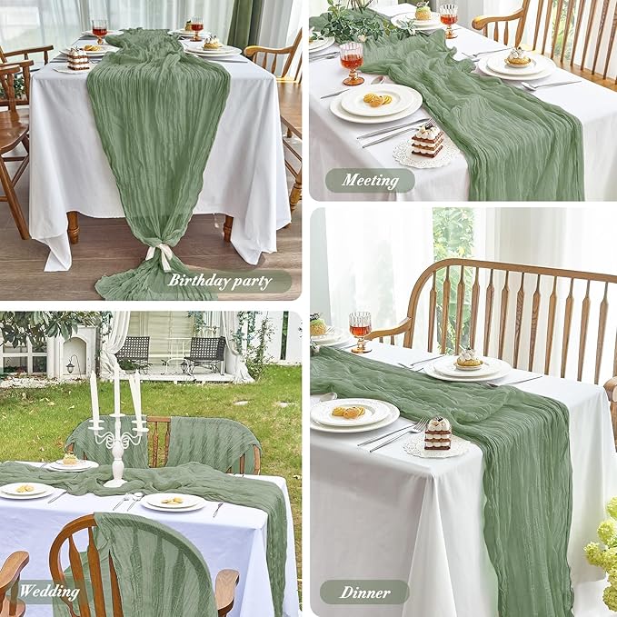 IVAPUPU Sage Green Table Runner 120 Inches for Birthday Party Home Decor | 10 Pcs Boho Gauze 10FT Cheesecloth Table Runners for Wedding Baby Shower Decorations Summer Garden Farmhouse