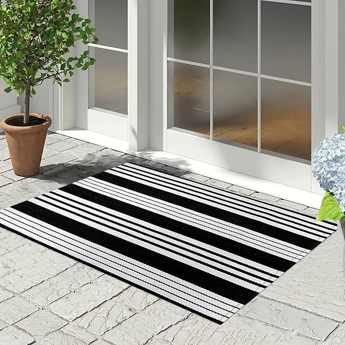 Black and White Striped Door Mat Outdoor 24"x35"Washable Layered Doormat | Hand-Woven Farmhouse Indoor/Outdoor Rug Front Porch Mat Combined Use with Hello Welcome Mat