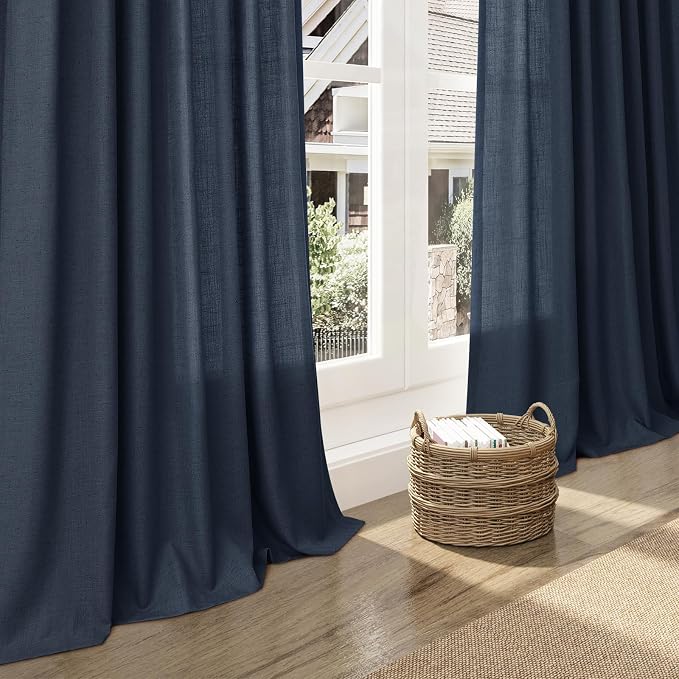 Vintage Blue Linen Curtains 84 Inch Length 2 Panels Set for Living Room Rod Pocket Back Tab Light Filtering Window Drapes for Bedroom Dining Room Protect Privacy Vintage Country Decor
