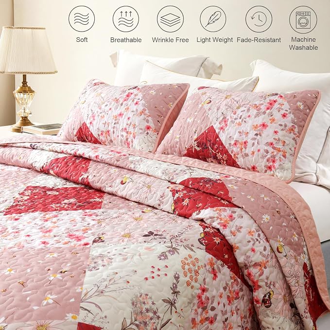 Whale Flotilla Patchwork Quilt King Size, Extra Soft Floral Bedspreads | Red Reversible Lightweight King Quilt Bedding Set for Bed, Printed Coverlets with 2 Pillow Shams for All Seasons