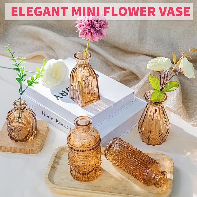 Gold Amber Glass Bud Vase Set of 12, Small Vintage Flower Bottle Petite Glass Flower Vase for Floral Arrangements, Decorative Centerpiece,Table Decor,Home Wedding Party