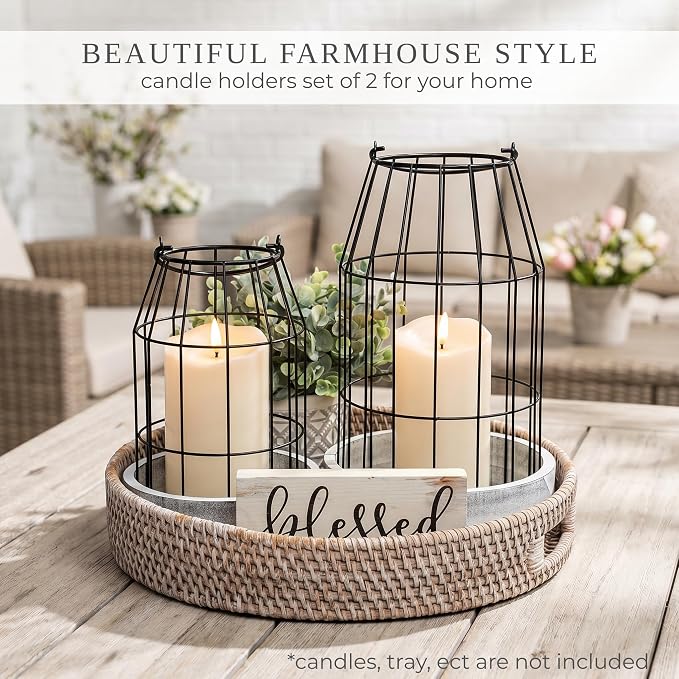 Rustic Farmhouse Lantern Decor Set of 2 - Stylish Decorative Lanterns for Your Living Room, Patio & Porch or Kitchen Dining Table - Modern Indoor/Outdoor Coffee Table Decor for Your Entire Home