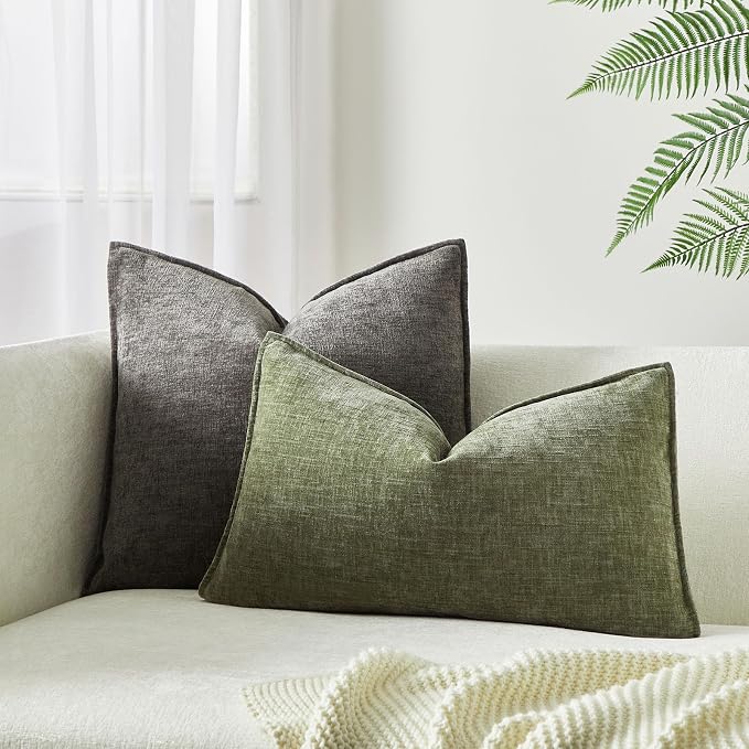 JUSPURBET Sage Chenille Lumbar Throw Pillow Covers 16x24 inch Set of 2 Decorative Soft Textured Cushion Cases for Living Room Sofa Couch Bed Solid Home Decor Broadside Pillowcases