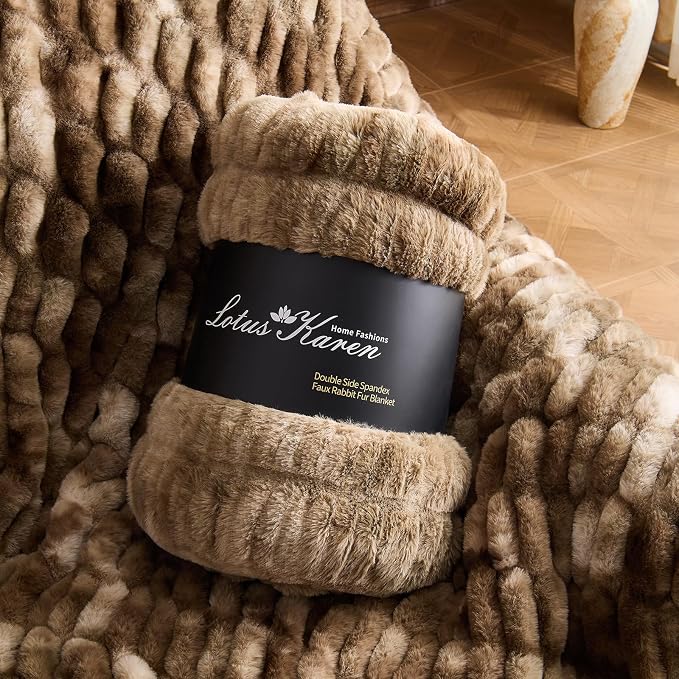 Lotus Karen Faux Fur Throw Blanket, 900 GSM Dual-Sided Soft Ruched Twin Blanket for Couch, Fluffy Cozy Fuzzy Plush Throw Gifts for Women Man Bedroom Living Room (Tie-Dye Dark Coffee, 60"x80")