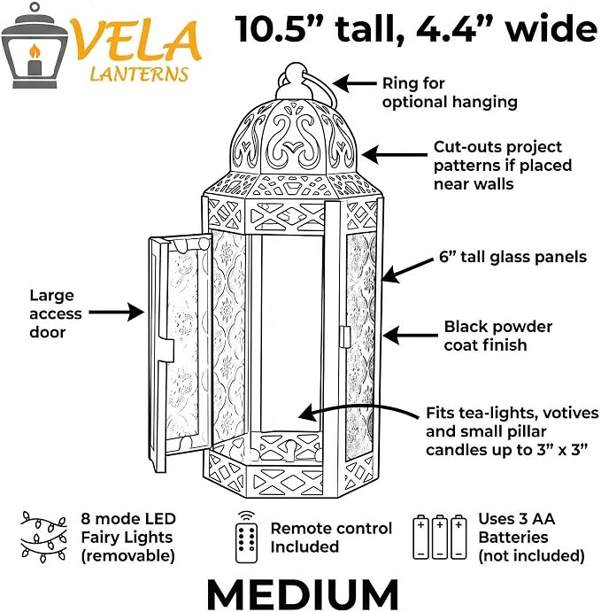 Vela Lanterns Decorative Indoor Red Gothic Fairy Light Candle Holder, M | Halloween Vampire Decor, Fantasy Witchy Whimsigoth Lamp, Moroccan Metal Hanging Flameless LED Lantern, Remote, 10.5" Tall