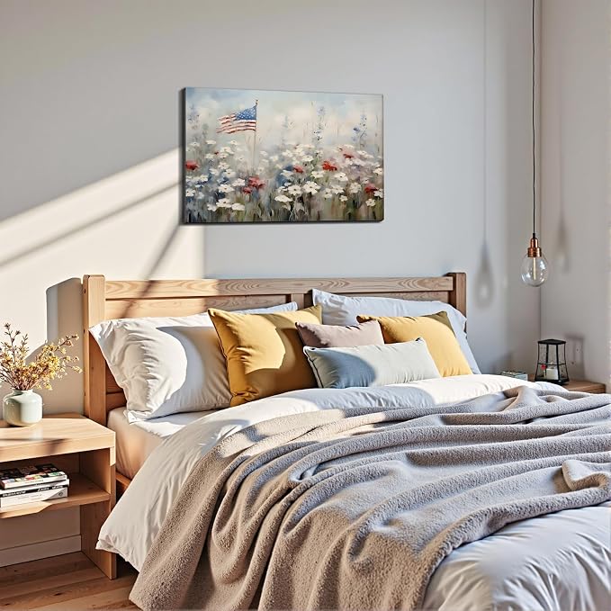 Framed American Flag Wildflower Wall Art, Patriotic Floral Canvas Art Pictures, USA Flag Wall Decor for Living Room Bedroom Office, Ready to Hang Made in USA