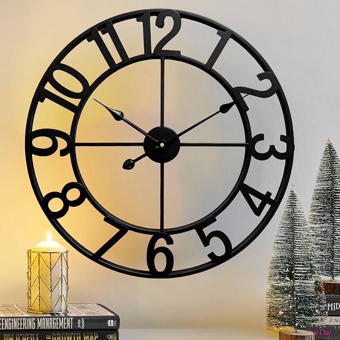 CLXEAST Silent 24 Inch Wall Clocks for Living Room Decor,Arabic Numeral | Non Ticking, Matt Black,Thicker Metal Wall Clock for Dinning Room,Entryway,Home Office & Fireplace Decor