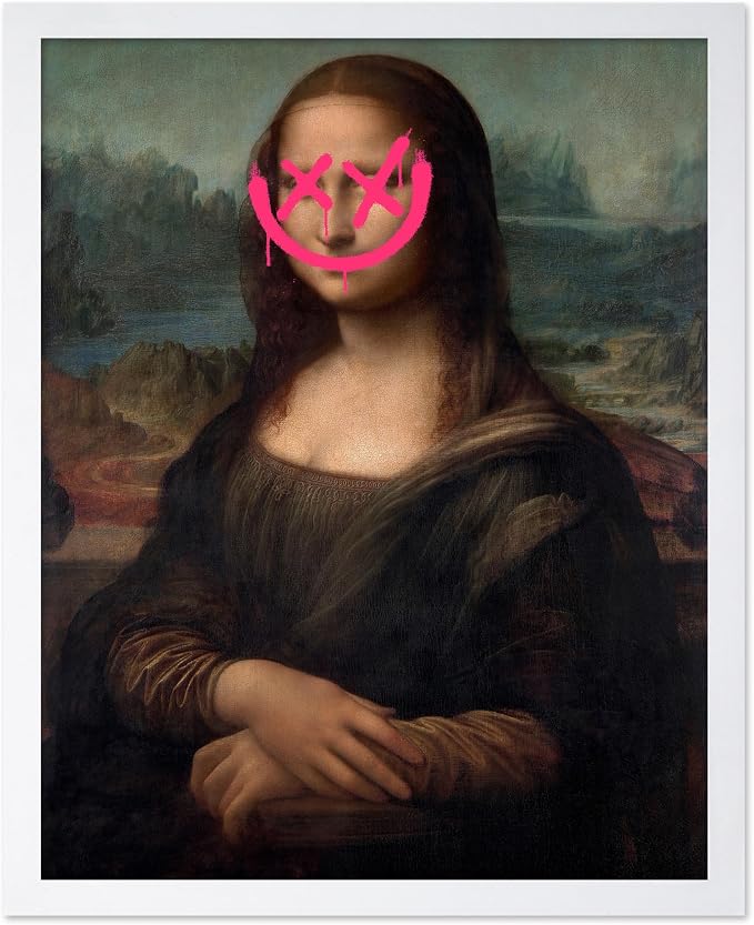 Poster Master Mona Lisa Painting Poster - Smile Face Print - Altered Art - Pop & Defaced Art - Gift for Men & Women - Minimal Decor for Office, Bedroom or Living Room, 8x10 White Framed