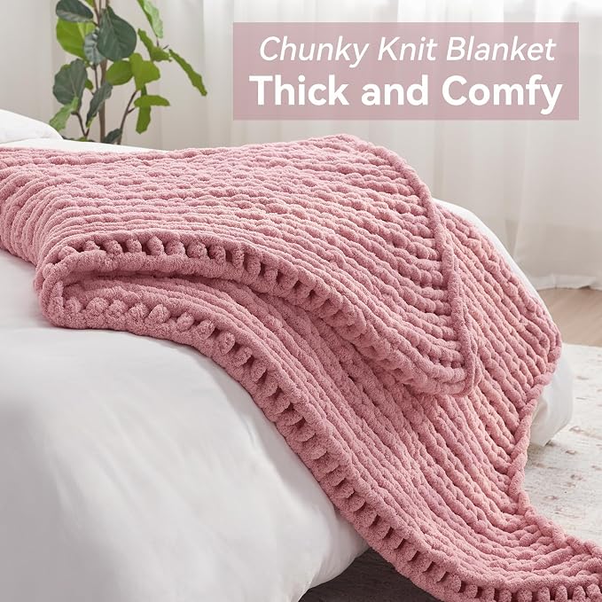 Negwoo Chunky Knit Throw Blanket, Knitted Throw Chenille Yarn, 80"*90" | Soft Thick Cable Knitted Blankets, Handmade Big Thick Blanket, Machine Washable Cute Comfy Blanket for Home Decor, Light pink