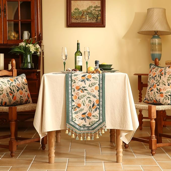 Patdrea Designer Vintage French Linen Table Runner,12"X102"-Palladin A | Tablerunner 102 Inches Long,Orange Floral Pattern,Thanksgiving Dining Table Decor for Living Room Banquet,Tassel Edge