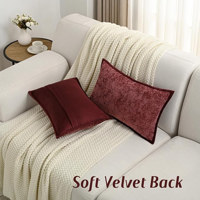 FUTEI Pack of 2 Chenille Soft Throw Pillow Covers 12x20 Inch, Burgundy