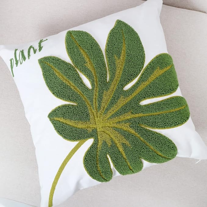 Embroidery Throw Pillow Cover 18x18 Green Tropical Leaf Loop Plant Word Embroidered Floor Pillow Cover for Couch 100% Cotton Decorative Cushion Cover Home Décor Pillow Case 45x45cm, 1 Piece