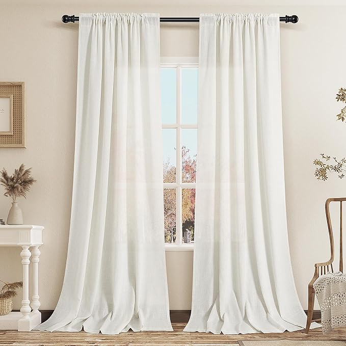 Extra Long Linen Curtains 105 Inches Long for Living Room Natural Cream Semi Sheer Curtain Rod Pocket 2 Panels Set Boho Farmhouse Light Filtering Window Drapes for Bedroom Beige Ivory 52x105