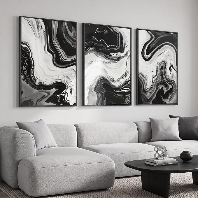 Large Framed Black and White Modern Abstract Wall Art Set of 3, 24x36 In | Big Paintings, Modern Artwork, Canvas Prints, Wood Frames, Minimalist Pictures, Living Room Bedroom Hallway Office Wall Decor