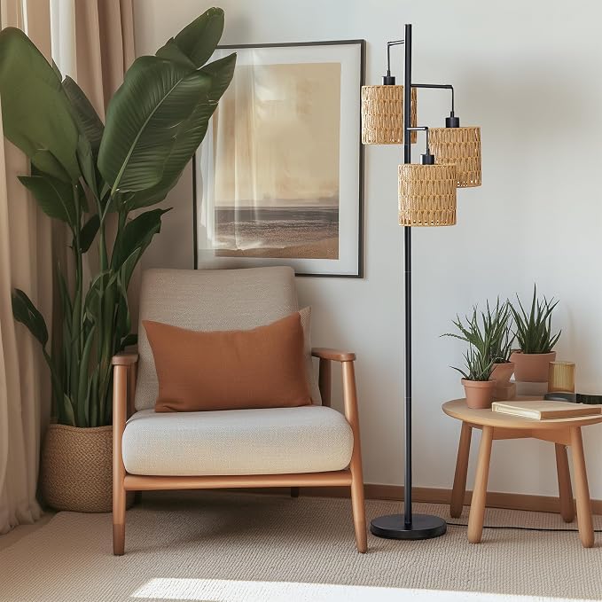 Maxax 65" Boho Rattan Floor Lamp for Living Room, 3 Lights Farmhouse Tree Standing Lamp with Rattan Shades, Multi Head Vintage Tall Floor Lights for Bedroom, Living Room, Office
