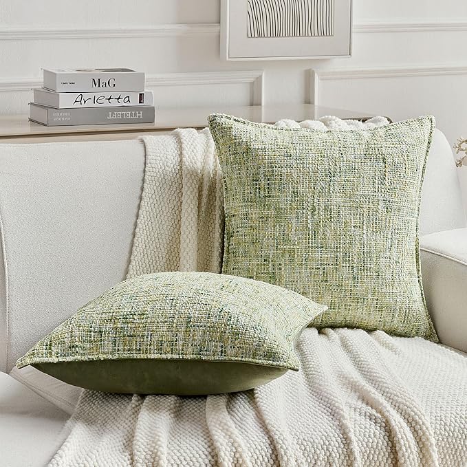 FUTEI Pack of 2 Chenille Tweed Vintage Throw Pillow Covers 24x24 Inch Soft Decorative Euro Pillow Shams Modern Farmhouse Accent for Couch Bed Living Room, Light Green