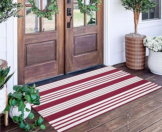BUAGETUP Red and White Outdoor Rug 24"x51"Washable Front Porch Rug | Hand-Woven Cotton Farmhouse Layered Doormat Combined With Hello Welcome Mat