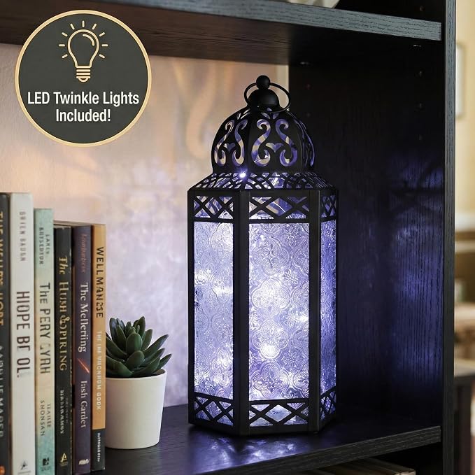 Vela Lanterns Decorative Indoor Fairy Light Candle Holder, Clear, L | Ramadan & Eid Decor, Fantasy Wedding Centerpieces, Moroccan Metal Hanging Flameless LED Lamp, Outdoor Porch Patio, 12" Tall