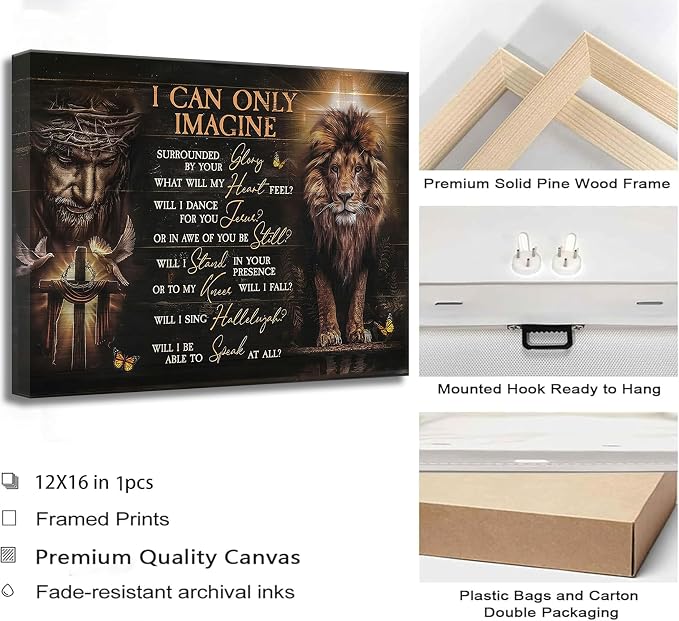 DYLGYWI Christian Jesus and the Lion of Judah Canvas Wall Art | I Can Only Imagine Scripture Bible Verse Picture Religious Wall Decor Poster Print for Church Living Room Bedroom Office