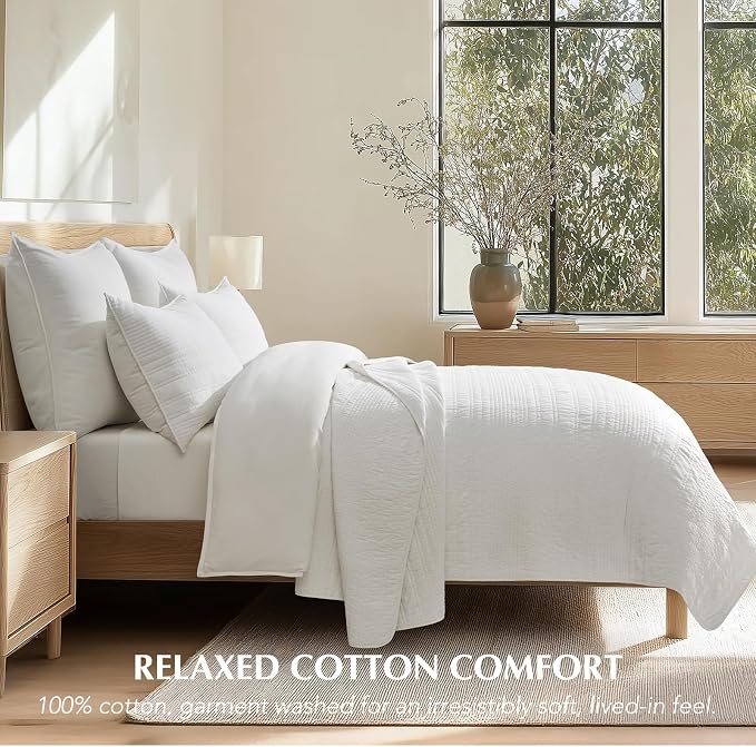 EVERGRACEHOME 100% Cotton Quilt Set Oversized Cal King, Bright White | Pre-Washed Soft Cotton, Striped Coverlet Bedspread, 3 Piece Lightweight Bedding Set for All Season, with 2 Pillow Shams