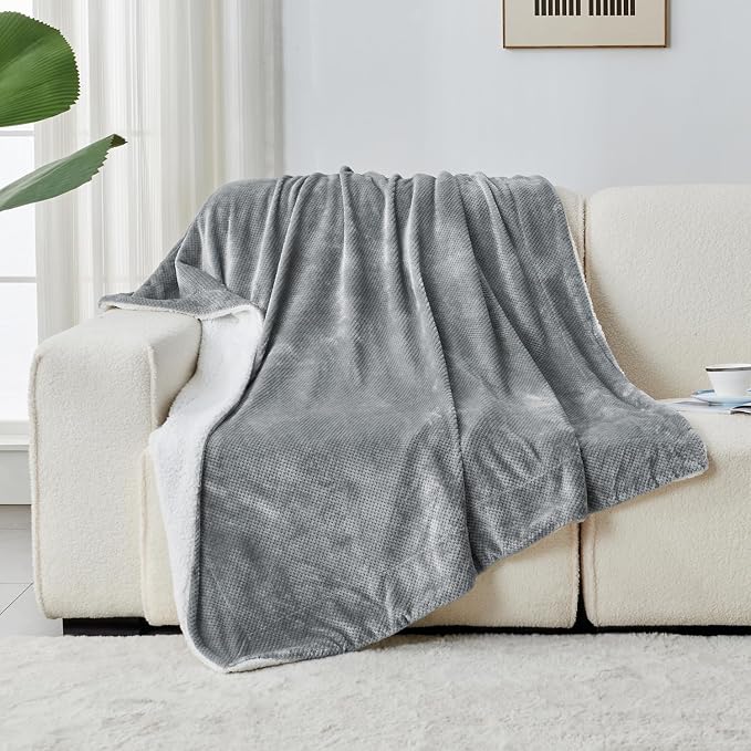 SOCHOW Waffle Sherpa Fleece Throw Blanket, Super Soft Fuzzy Warm, Lightweight Fluffy Reversible Plush Blanket for Bed Sofa Couch, 60 x 80 Inches Grey