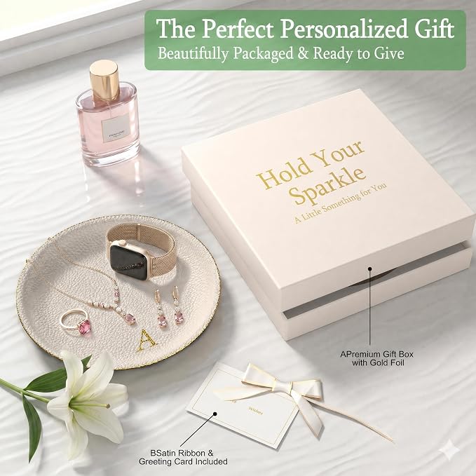 Initial Jewelry Dish for Women, Shatterproof Vegan Leather Ring Holder with Stainless Steel Core, Personalized Monogram Trinket Tray, Birthday Bridesmaid Gift with Box (Cream Letter A)