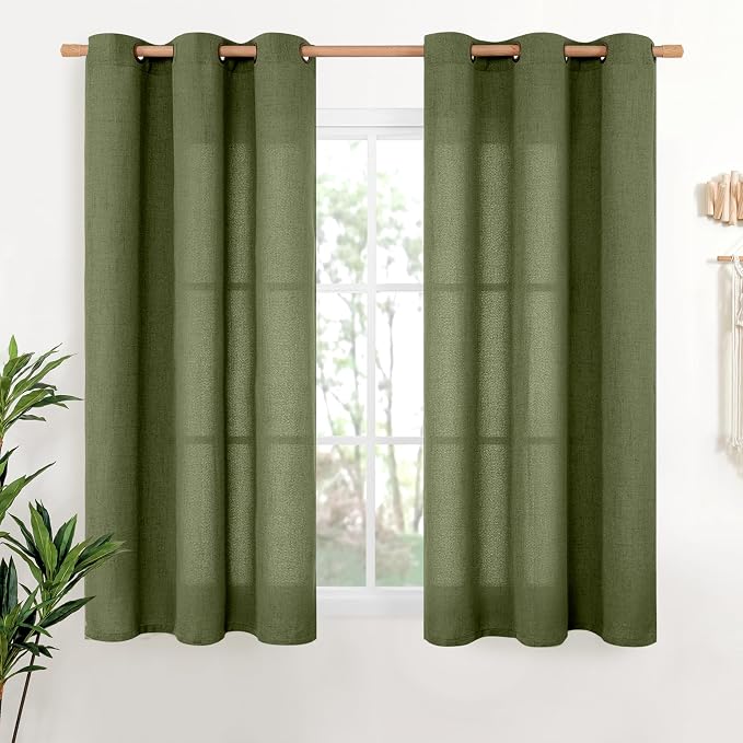 YoungsTex Olive Linen Curtains 54 Inch Length 2 Panels for Living Room | Dark Green Semi Sheer Drapes Light Filtering with Bronze Grommet for Bedroom Short Window, 42 X 54 Inch