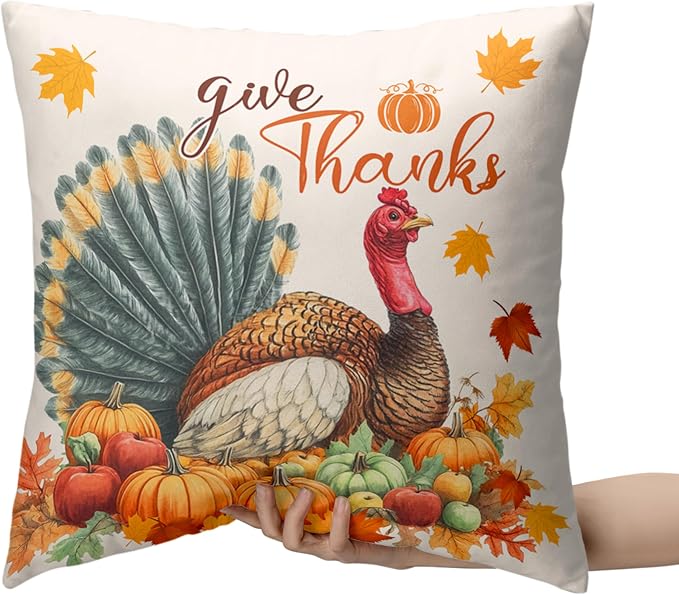 Set of 2 Thanksgiving Throw Pillow Covers 18x18 Turkey with Autumn Pumpkin Pillow Covers Fall Harvest Pillow Case Square Cushion Case for Living Room Couch