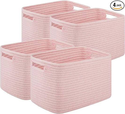 OIASKET 4Packs Natural Cotton Rope Storage Baskets for Organizing Toys, Clothes, Towels & Books, Soft Versatile Organizers for Shelves, Home Decorative Bins, 13''Lx9''Wx7.8''H, Pink