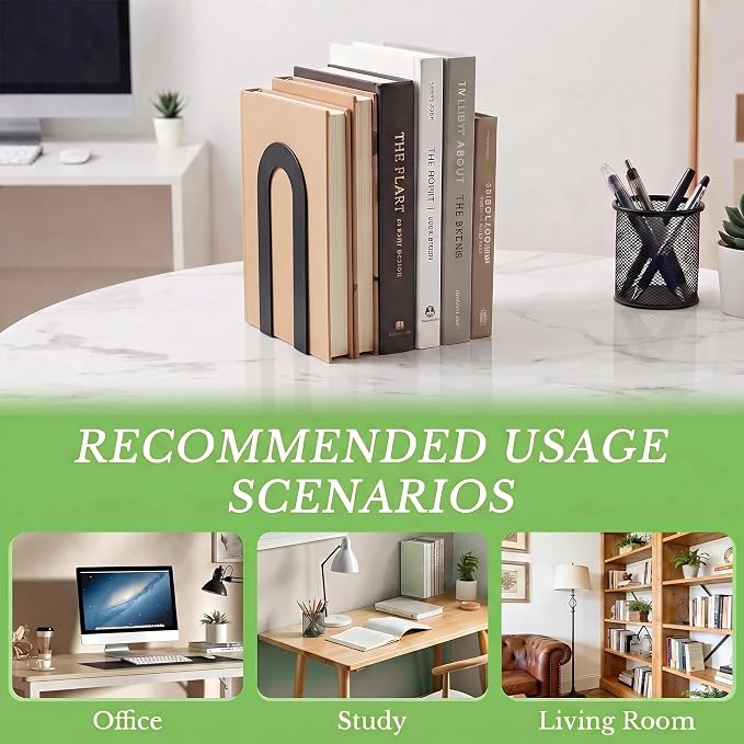 Sanwarm Bookends, 12 Pcs, Metal, for Home Office Desk Shelves Modern | Black Decorative Book Ends Non-Skid Book Stoppers Holder 6 Pair Gifts for Reading Enthusiasts Library Decor