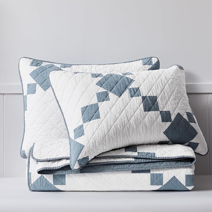 WDCOZY 100% Cotton Quilt King Size, Lightweight Reversible Gingham Patchwork Bedding Set with 2 Pillow Shams, Blue Block Pattern Farmhouse Bedspread Shabby Chic Coverlet Thin Comforter All Seasons
