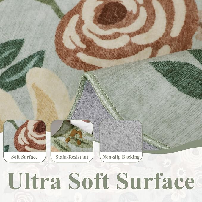 DUKINO 3x5 Area Rugs, Non Slip Floral Washable Rug for Bedroom, Sage Green | Soft, Low Pile, Non-Shedding Throw Rugs for Living Room, Entryway, Kitchen, Kids Room, Pet Friendly, Home Decor, Lightweight