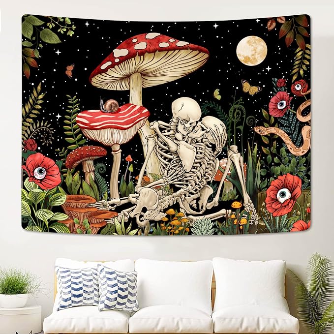 Accnicc Mushroom Skull Tapestry Skeleton Floral Flower Plant Tapestries for Bedroom Aesthetic Hippie Cool Nature Moon Star Wall Art for Dorm Living Room (Red, 90.8'' × 70.4'')