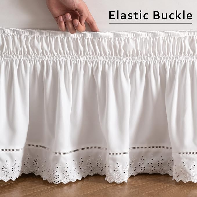 MIYE Wrap Around Ruffled Lace Bed Skirt, Elastic Dust Ruffle with Adjustable Belts, Easy to Put On, Bed Frame Cover, Machine Washable (Embroidered/White, Full/Twin-15 Drop)