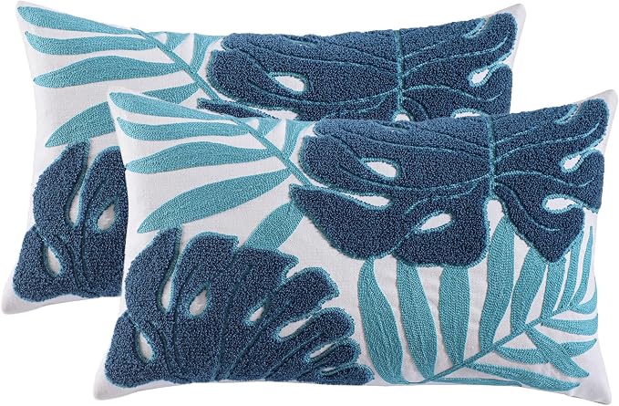 Embroidered Throw Pillow Covers 12x20 Pack of 2 Blue Botanical Leaf