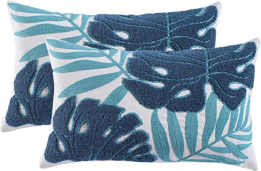 Embroidered Throw Pillow Covers 12x20 Pack of 2 Blue Botanical Leaf