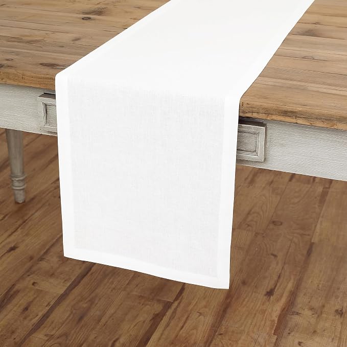 Solino Home 100% Linen Dining Table Runner White Woven, Fete 14 x 36 in | styles dining tables for meals and celebrations, European flax fibres, easy to care for, White, soft, OEKO-TEX Certified