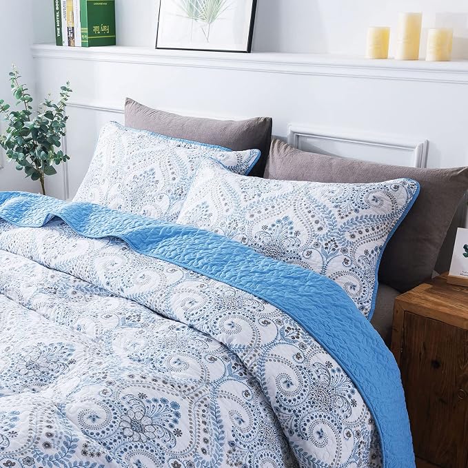 NEWLAKE Cotton Bedspread Quilt Sets - Reversible Patchwork Coverlet Set, Blue Classic Royal Pattern, California King Size