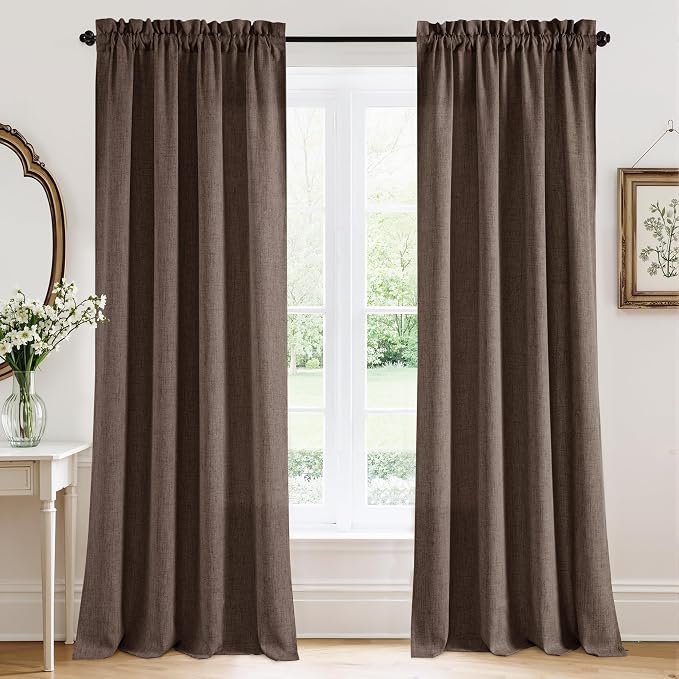 RYB HOME Linen Semi Sheer Curtains 90 inches Long for Living Room | Light Filtering, Half Privacy, Indoor Curtains & Drapes for Bedroom, Brown, W52 x L90, 2 Panels