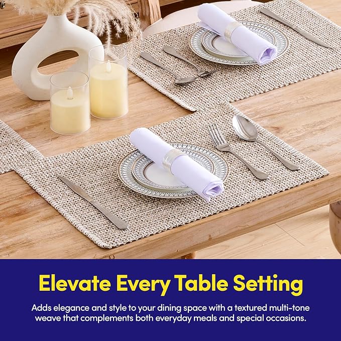 Sweet Home Collection 100% Cotton Placemats for Dining Room Rectangle Two Tone Woven Fabric 13" x 19" Soft Durable Table Mat Set, Set of 6, Eggshell
