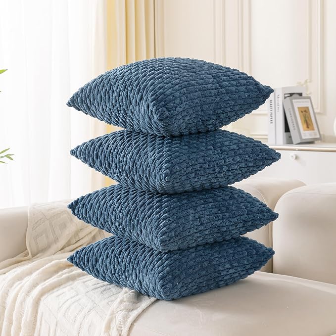 Set of 4 Blue Decorative Throw Pillow Covers 26x26 Inch Corduroy Pillow Covers for Bed Couch Sofa Living Room Soft Square Cushion Cases