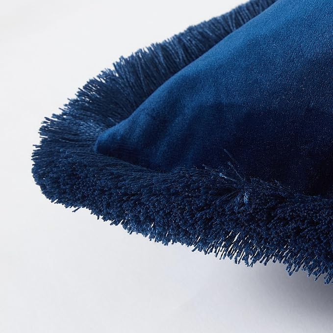 JUSPURBET Pack of 2 Navy Blue Decorative Fringe Velvet Throw Pillow Covers 16x24 for Home Decor Living Room Bedroom Car Boho Soft Cushion Cover with Hidden Zipper Machine Washable