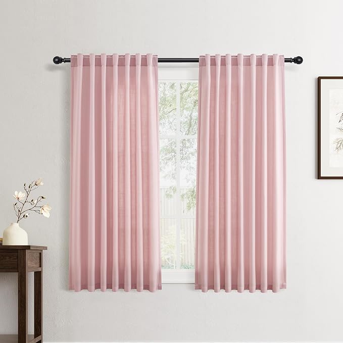 Jowels Pink Linen Curtains 54 Inch Long 2 Panels for Living Room | Light Filtering Semi Sheer Curtain, Back Tab Pocket Pleated Look, Boho Farmhouse Textured Privacy Drapes for Bedroom Window