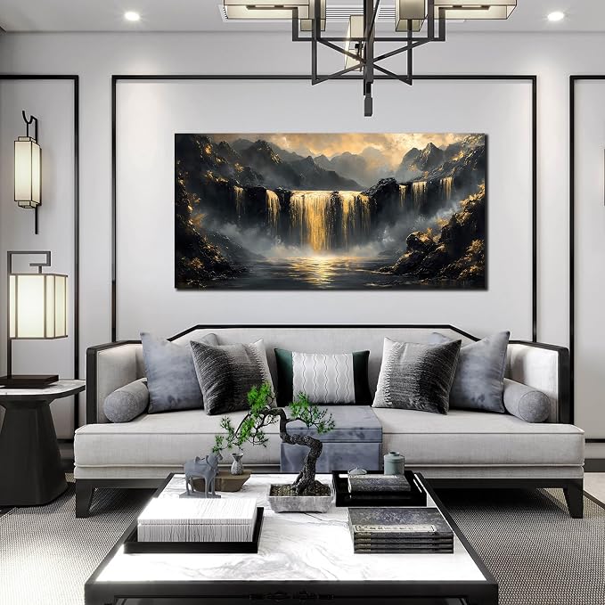 HUBOSKN Waterfall Wall Art for Living Room Large Size - Mountain Canvas Wall Art for Office - Modern Art Wall Decor for Bedroom Size 29" x 59"