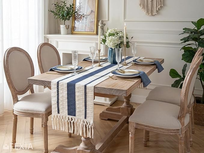 FEXIA Boho Table Runner with Tassels for Fall Home Decor 12x72 Blue Decor | 72 Inches Long Farmhouse Rustic Burlap Table Decoration for Living Room Dining Room Autumn Decor Centerpieces for Tables