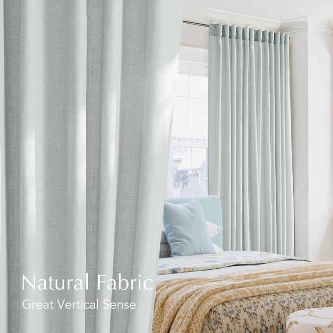 NICETOWN Linen Blend Light Cyan Curtains 96 inches Long, Rod Pocket & Back Tab Light Filtering Semi Sheer Window Treatments Privacy Added Drapes for Living Room, W55 x L96, 2 Panels