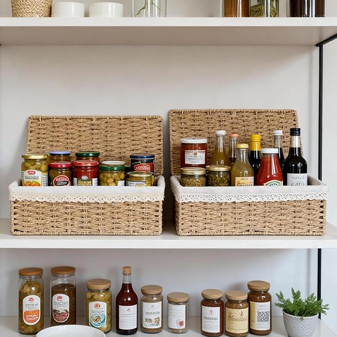 Nonam Rattan Divided Storage Basket with Lid, Set of 3, Natural | Large Basket Organizer for Shelf, Wicker Bins for Closet, Boho Shelf Decor Covered Basket Home Storage Container