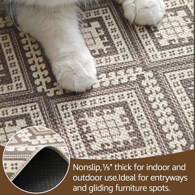 jinchan 2x6 Faux Jute Runner Rug Washable Hallway Rug, Stone Taupe | Vintage Geometric, Non-Slip, Low Pile, Indoor Outdoor, High-Traffic, Kitchen, Bathroom, Laundry, Porch, Balcony, Entryway