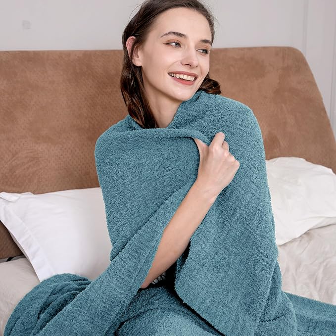Blue Ultra Soft Knit Throw Blanket for Couch,50"X60" Microfiber Fluffy Cozy Warm Knitted Blankets with Checked Pattern for Sofa Bed