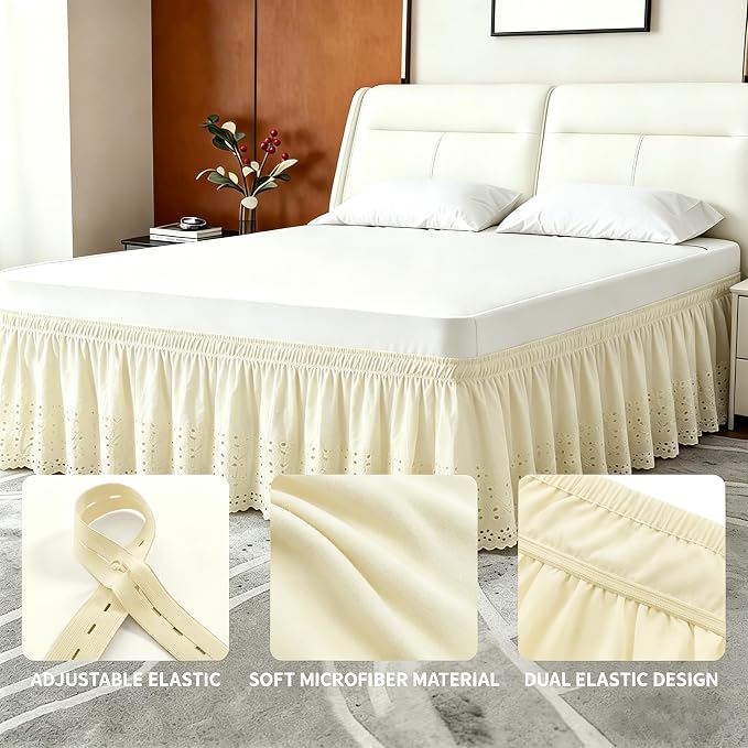 ANARACHON Twin Bed Skirt, Wrap-Around Elastic Ruffled Eyelet Bed Skirt Twin Size Dust Ruffle with Gathered Styling and Embroidered Details, 14" Drop Length (Light Yellow)